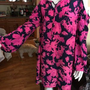 Long Pink and Navy Peek a Boo Shoulder Top